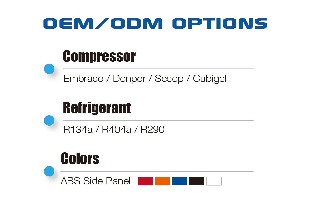 OEM/ODM options for Spacious Curved Glass Commercial Cake Display Cabinet | XRC-D, listing compressor brands, refrigerant types (R134a, R404a, R290), and ABS side panel color options (red, orange, blue, black, white).