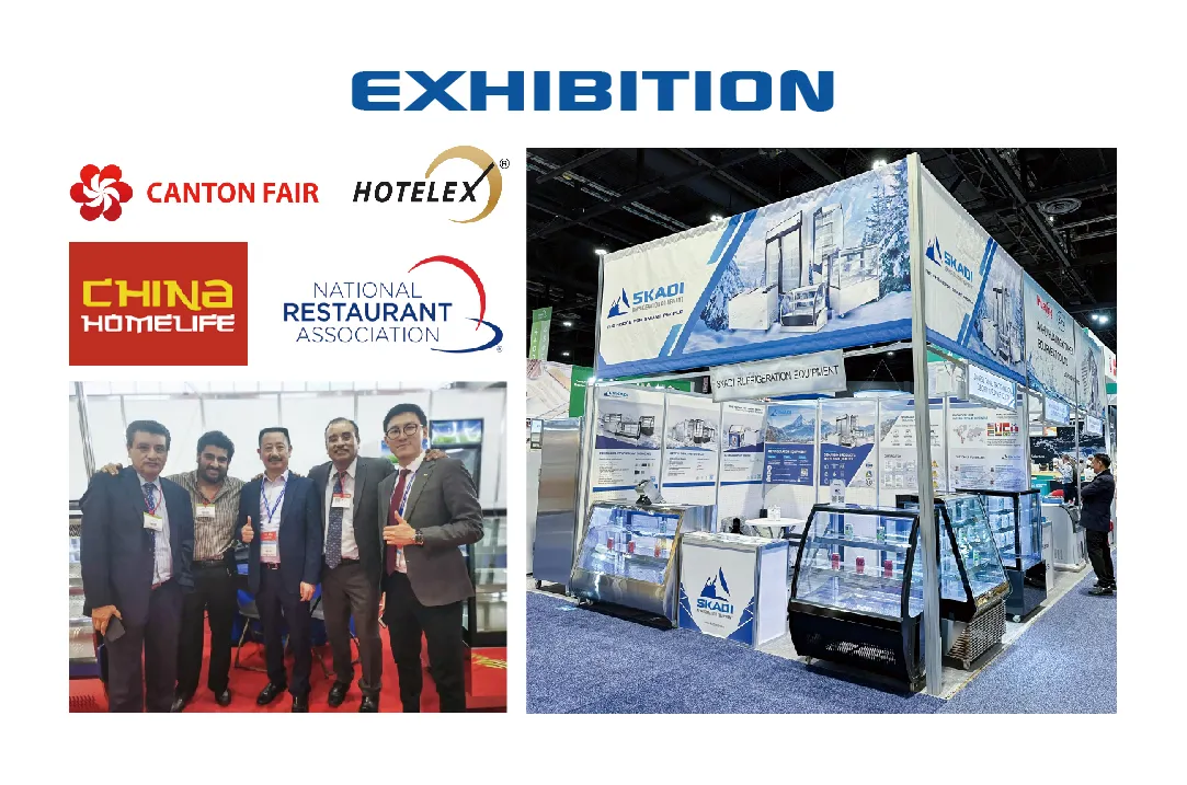 Exhibition showcasing Full-View Pastry Display Cabinet with Right-Angle Design | ORX-T at various trade shows including Canton Fair, Hotelex, China Homelife, and the National Restaurant Association, with images of attendees and product displays.