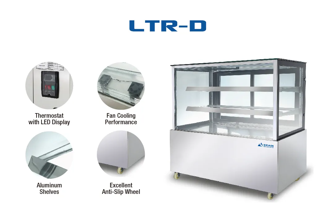 Energy-efficient LTR-D cake display cabinet featuring a thermostat with LED display, fan cooling performance, aluminum shelves, and excellent anti-slip wheels.