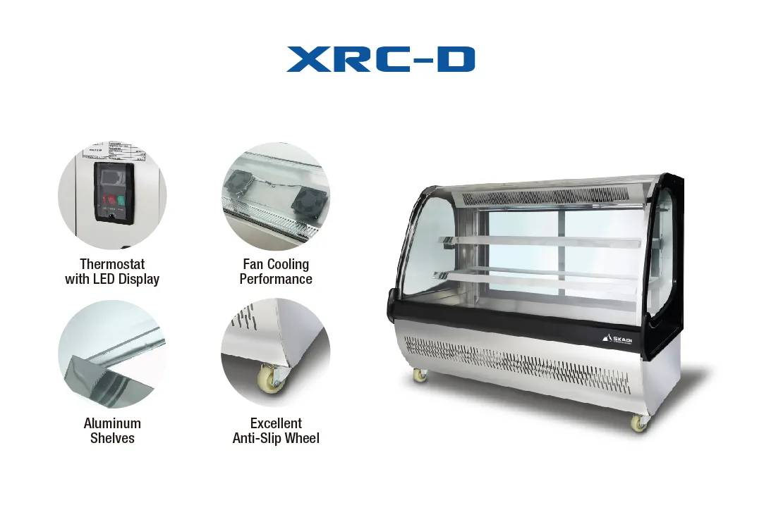 Spacious Curved Glass Commercial Cake Display Cabinet | XRC-D showcasing key features, including a thermostat with LED display, fan cooling performance, aluminum shelves, and anti-slip wheels for easy mobility.