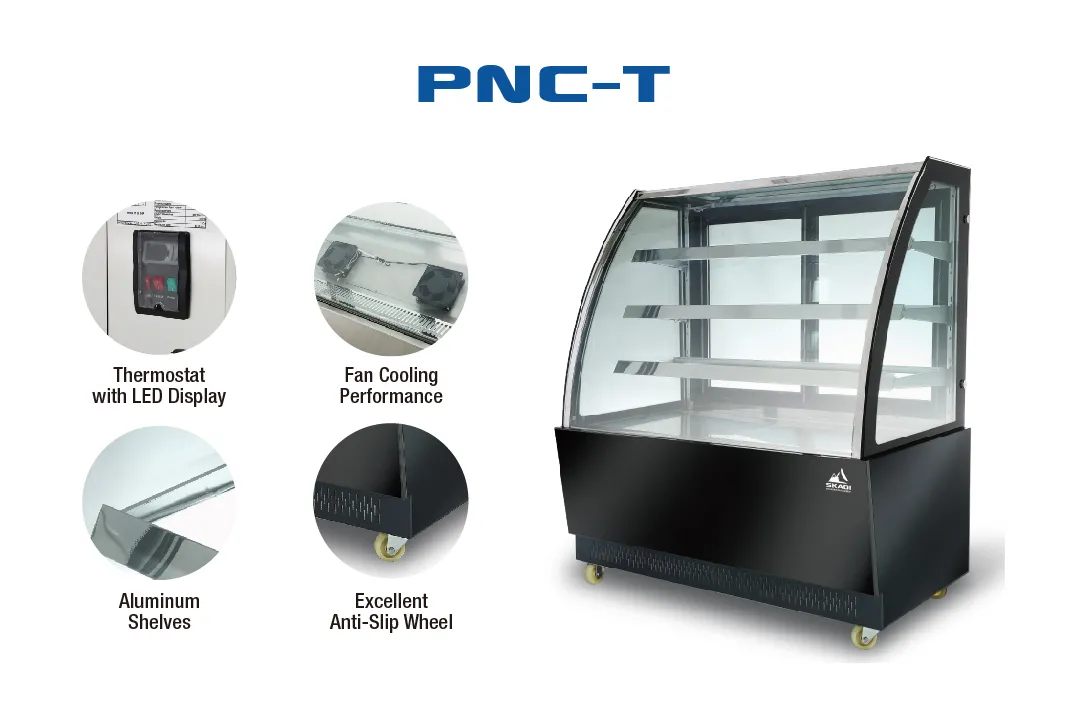 The High-End Panoramic Cake Display Showcase | PNC-T is displayed with key features highlighted: thermostat with LED display, fan cooling performance, aluminum shelves, and excellent anti-slip wheels. The showcase has a sleek design with curved glass and a black base featuring the SKADI logo.