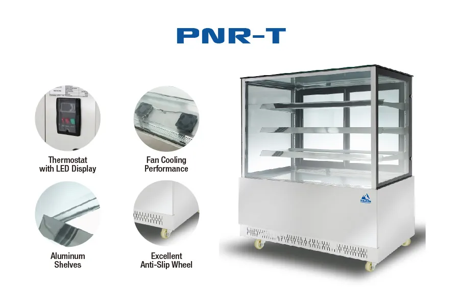 Image of the transparent glass cake display showcase with highlighted features: thermostat with LED display, fan cooling performance, aluminum shelves, and anti-slip wheels. This is part of the [Transparent Glass Cake Display Showcase | PNR-T] product line.