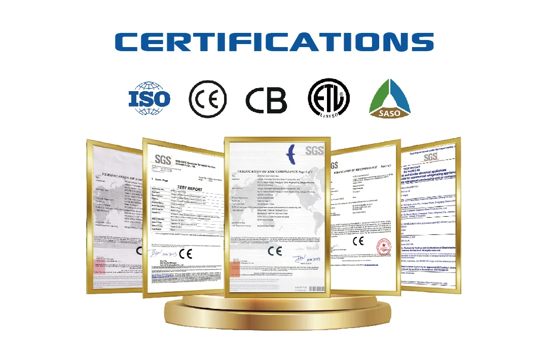 An image showcasing various certifications for the Transparent Panoramic Cake Display Showcase | ORD-T, including ISO, CE, CB, ETL, and SASO, with framed certificates displayed on a podium.