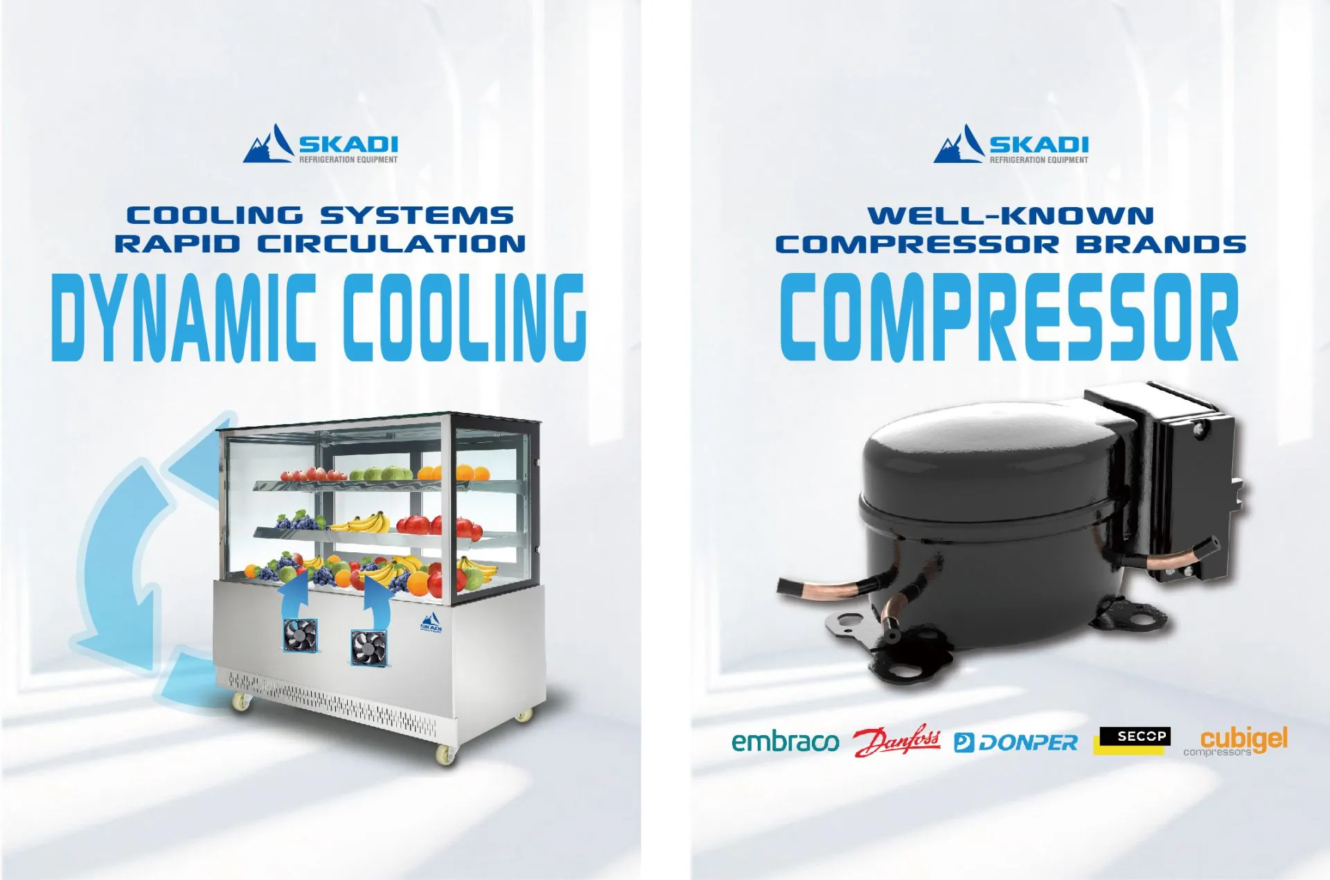 Image of a refrigerated display case filled with fresh produce, with the text "Dynamic Cooling" and "Cooling Systems Rapid Circulation" displayed prominently. Next to it is a close-up image of a black compressor, labeled with "Compressor" and "Well-Known Compressor Brands." Brands like Embraco, Danfoss, Donper, Secop, and Cubigel are listed below, showcasing reliable compressor options. Both highlight SKADI's refrigeration technology for efficient cooling in the [High-End Panoramic Cake Display Showcase | PNC-T].