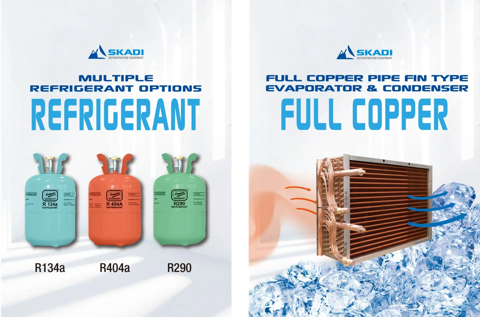 Image featuring three refrigerant tanks labeled R134a, R404a, and R290 with the text "Multiple Refrigerant Options." Beside it is a copper pipe evaporator and condenser unit placed on ice, emphasizing cooling efficiency. The text "Full Copper" highlights the use of copper components for better performance in the [High-End Panoramic Cake Display Showcase | PNC-T].