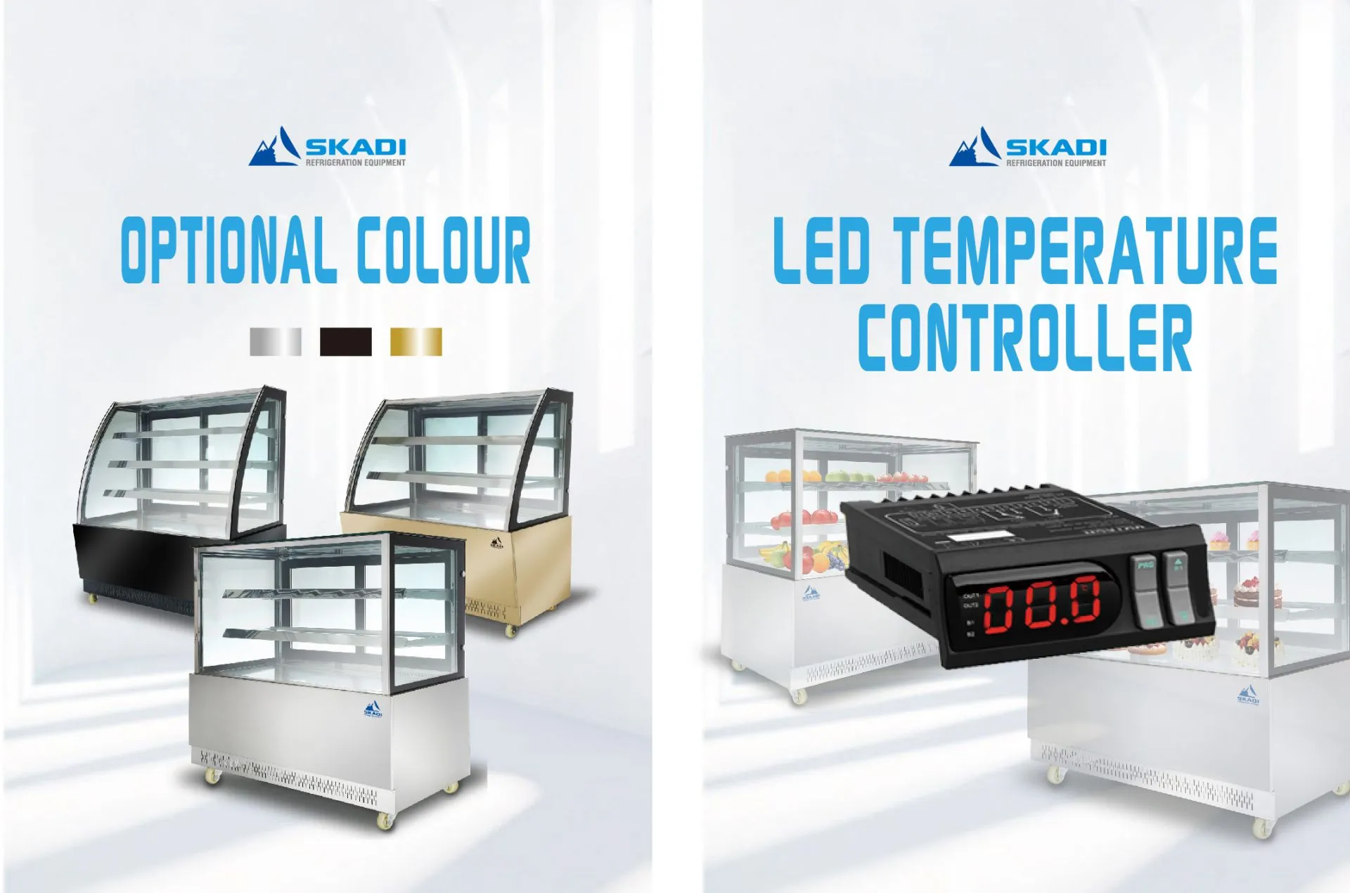 Image showing refrigerated display cases in three color options: black, beige, and silver with the text "Optional Colour." Alongside is a digital LED temperature controller reading 0.0, emphasizing precise temperature control for the [High-End Panoramic Cake Display Showcase | PNC-T].