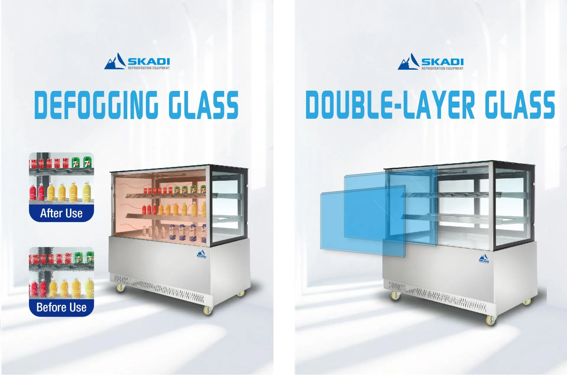 Image of a refrigerated display case featuring defogging glass technology with before and after use comparisons, showing clear visibility of beverages post-defogging. Next to it is a double-layer glass panel with the text "Double-Layer Glass," highlighting energy efficiency and insulation for the [High-End Panoramic Cake Display Showcase | PNC-T].