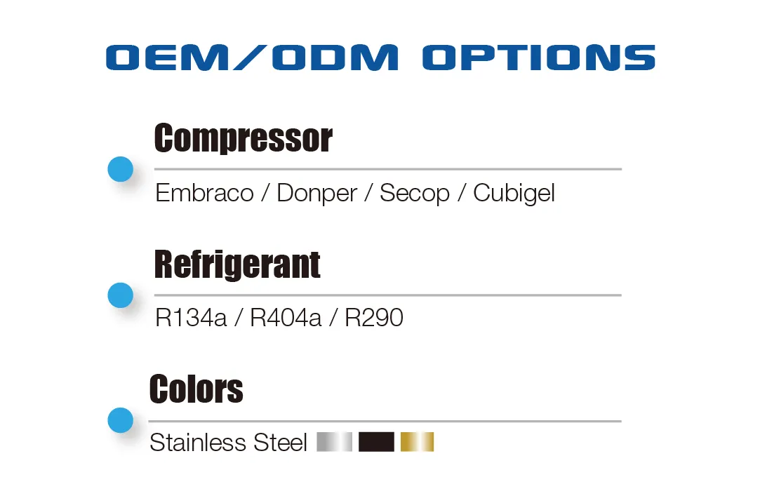 OEM/ODM options for Full-View Pastry Display Cabinet with Right-Angle Design | ORX-T including compressor brands (Embraco, Donper, Secop, Cubigel), refrigerants (R134a, R404a, R290), and available colors in stainless steel, black, and gold.