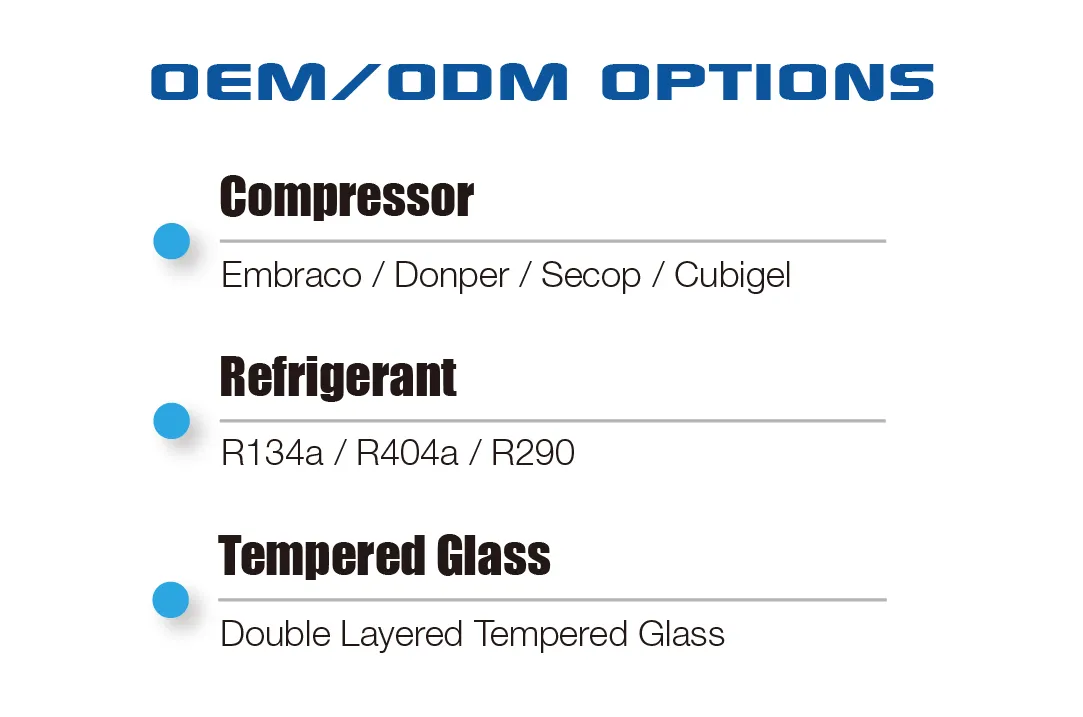 OEM/ODM options for the Curved Glass Ice Cream Freezer Display Unit | IDF, listing compressor options (Embraco, Donper, Secop, Cubigel), refrigerants (R134a, R404a, R290), and tempered glass as double layered.