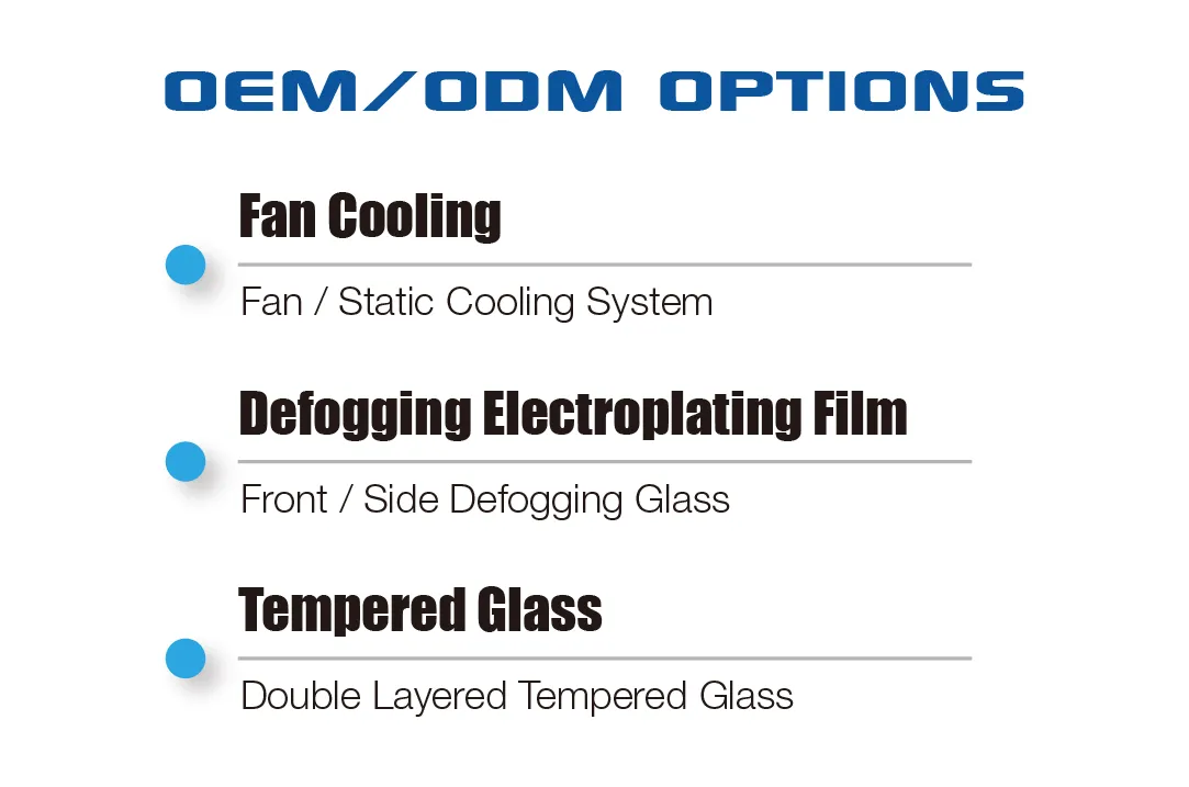 An infographic showcasing additional OEM/ODM features for the Vertical Upright Chiller | FGG, highlighting fan cooling, defogging electroplating film for front and side glass, and double-layered tempered glass for durability and insulation.