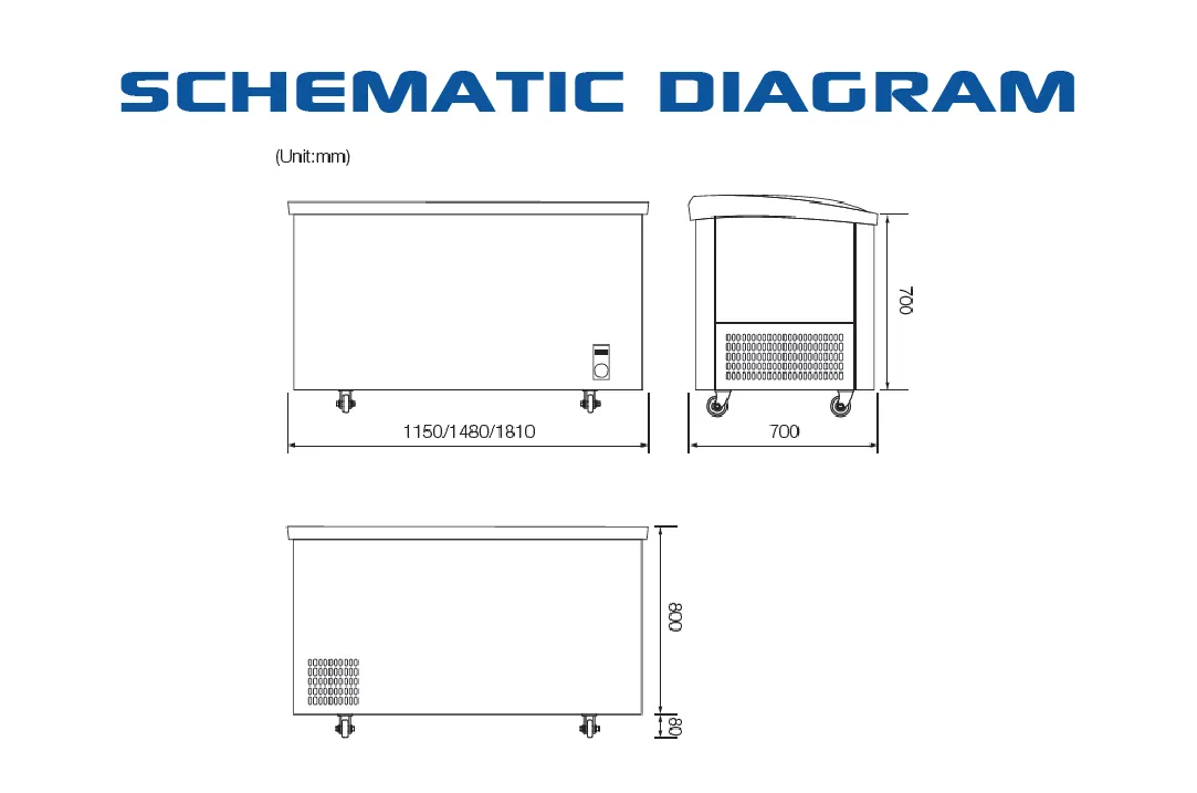 A schematic diagram of the High-Performance Freezer Display Unit | CFS, illustrating the unit's dimensions from various angles, including the length, height, and width in millimeters.