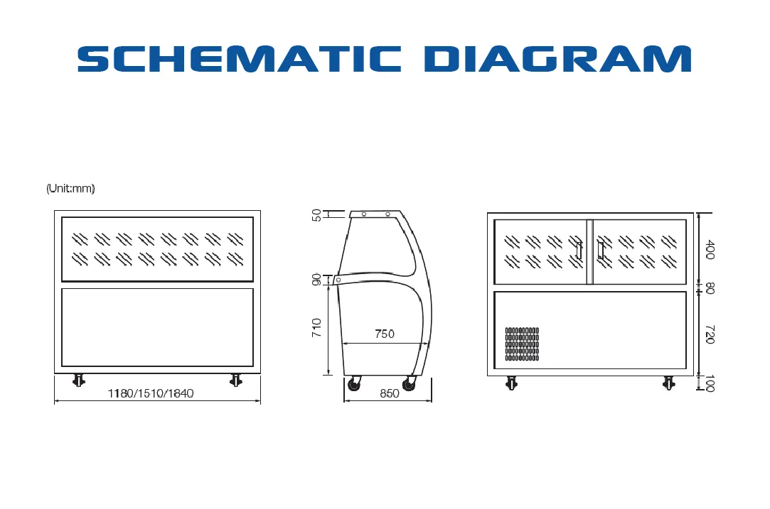 Schematic diagram of the Curved Glass Ice Cream Freezer Display Unit | IDF, detailing its dimensions in millimeters from front, side, and top views for installation reference.