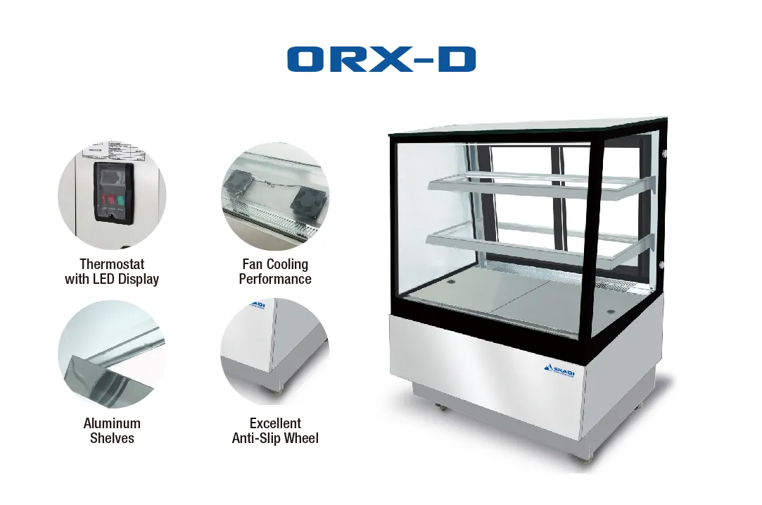 A Compact Cake Display Showcase with Right-Angle Design | ORX-D, featuring key specifications such as a thermostat with LED display, fan cooling performance, aluminum shelves, and excellent anti-slip wheels. 