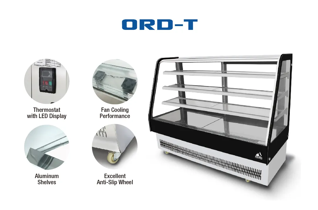 A Transparent Panoramic Cake Display Showcase | ORD-T with features such as a thermostat with LED display, fan cooling performance, aluminum shelves, and anti-slip wheels highlighted in circular insets around the main product image.