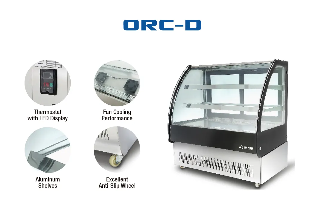 Curved Pastry Display Showcase | ORC-D with features highlighted including a thermostat with LED display, fan cooling performance, aluminum shelves, and anti-slip wheels.