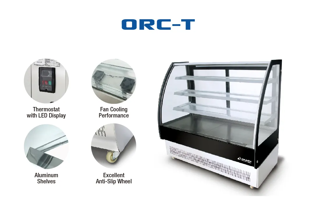 A product display of the Full-View Curved Glass Pastry Display Showcase | ORC-T, highlighting key features including a thermostat with LED display, fan cooling performance, aluminum shelves, and excellent anti-slip wheels.