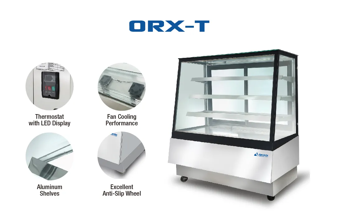 Full-View Pastry Display Cabinet with Right-Angle Design | ORX-T showcasing key features such as a thermostat with LED display, fan cooling performance, aluminum shelves, and excellent anti-slip wheels.