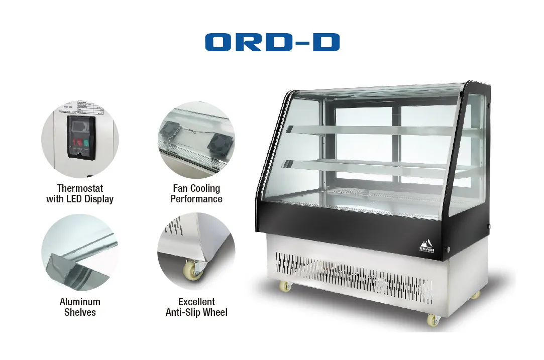 Rectangular Commercial Cake Display Cabinet | ORD-D showcasing various features including a thermostat with LED display, fan cooling system, aluminum shelves, and anti-slip wheels. The display cabinet is shown with two internal shelves and a sleek black and stainless steel finish.