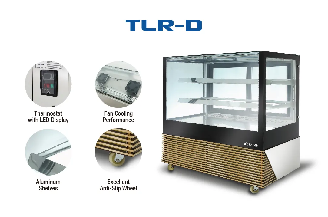 A [High-Efficiency Commercial Cake Display Cabinet | TLR-D] featuring a glass display with aluminum shelves and a wood-paneled base. Surrounding the cabinet are circular insets showcasing key features: a thermostat with an LED display, fan cooling performance, aluminum shelves, and excellent anti-slip wheels.