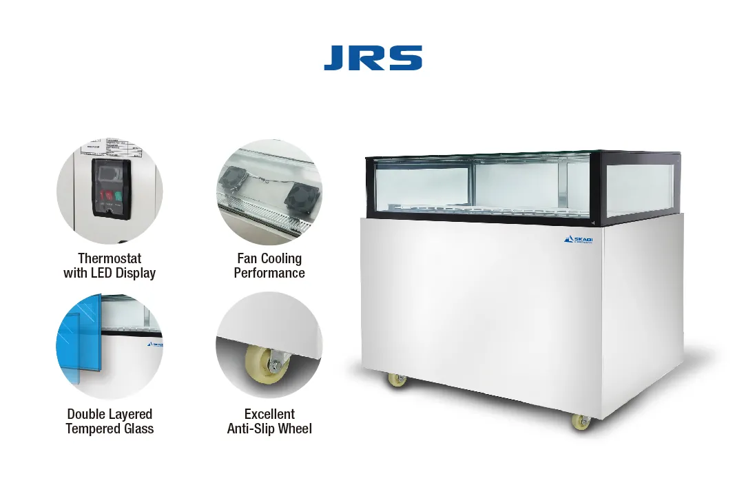 Low-Temperature Cake Display Showcase | JRS shown with key features: thermostat with LED display, fan cooling performance, double-layered tempered glass, and anti-slip wheels for mobility.