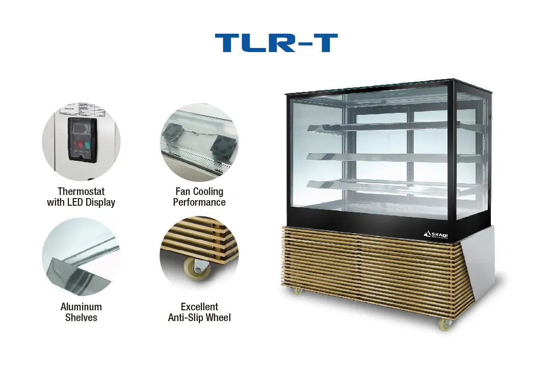 A close-up view of the [Full-View Curved Glass Cake Display Showcase | TLR-T] highlighting key features: a thermostat with LED display, fan cooling performance, aluminum shelves, and excellent anti-slip wheels for enhanced stability and temperature control.