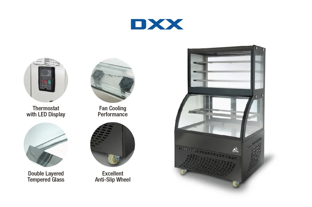 A Compact Curved Glass Cake Display Cabinet | DXX, with features highlighted including a thermostat with LED display, fan cooling performance, double-layered tempered glass, and excellent anti-slip wheels, ideal for cake display in cafes or bakeries.