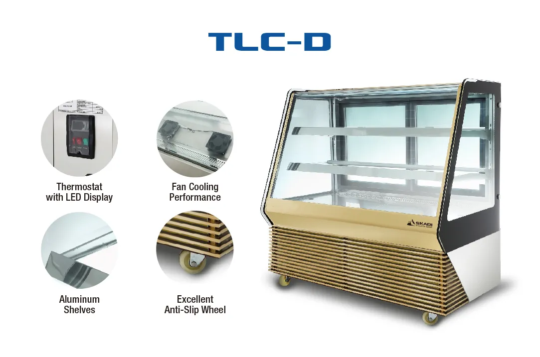 Elegant Cake Display Cabinet with Customizable Colors | TLC-D, showcasing key features like a thermostat with LED display, fan cooling performance, aluminum shelves, and anti-slip wheels.