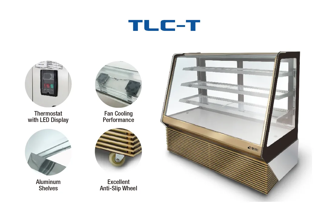 Luxurious Panoramic Cake Display Showcase | TLC-T product features, highlighting the thermostat with LED display, fan cooling performance, aluminum shelves, and anti-slip wheel. The display unit is shown with a glass front and gold base.