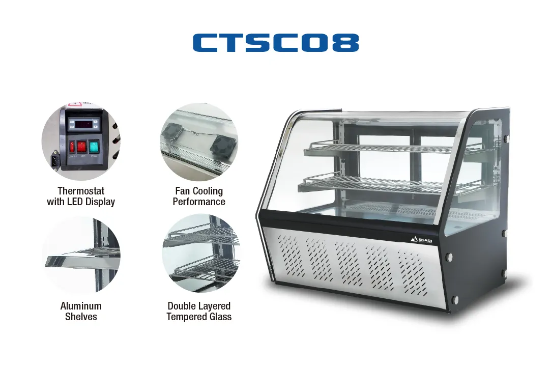 Durable Countertop Commercial Cake Display Cabinet | CTSCO8 showcasing the product with highlighted features such as a thermostat with LED display, fan cooling performance, aluminum shelves, and double-layered tempered glass.