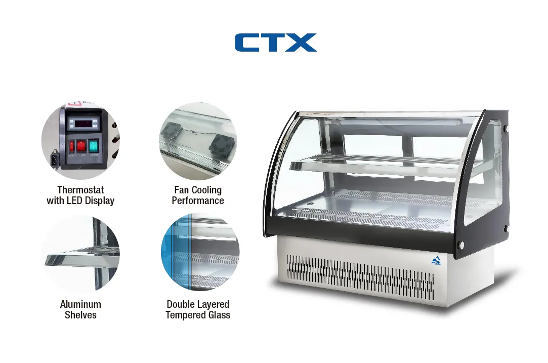 Promotional image of the Sleek Curved Glass Countertop Cake Display Showcase | CTX, highlighting key features like thermostat with LED display, fan cooling performance, aluminum shelves, and double-layered tempered glass.