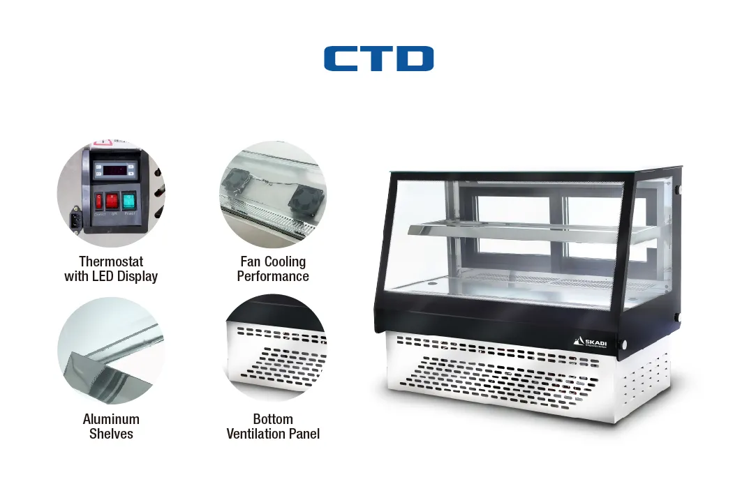 A [High-Visibility Countertop Cake Display Cabinet | CTD] showcasing key features, including a thermostat with LED display, fan cooling performance, aluminum shelves, and a bottom ventilation panel, all displayed in circular callouts.