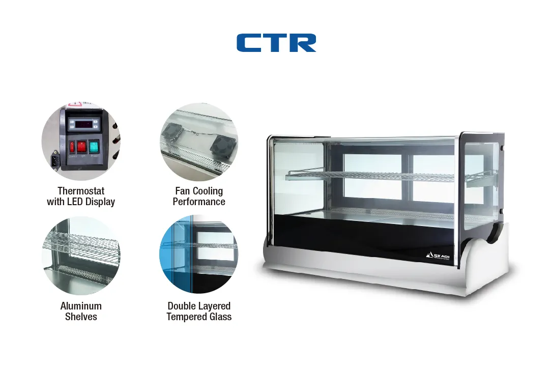 Promotional image of the Spacious Countertop Cake Display Cabinet | CTR showcasing its key features, including a thermostat with an LED display, fan cooling performance, aluminum shelves, and double-layered tempered glass, with an image of the cabinet on the right side.