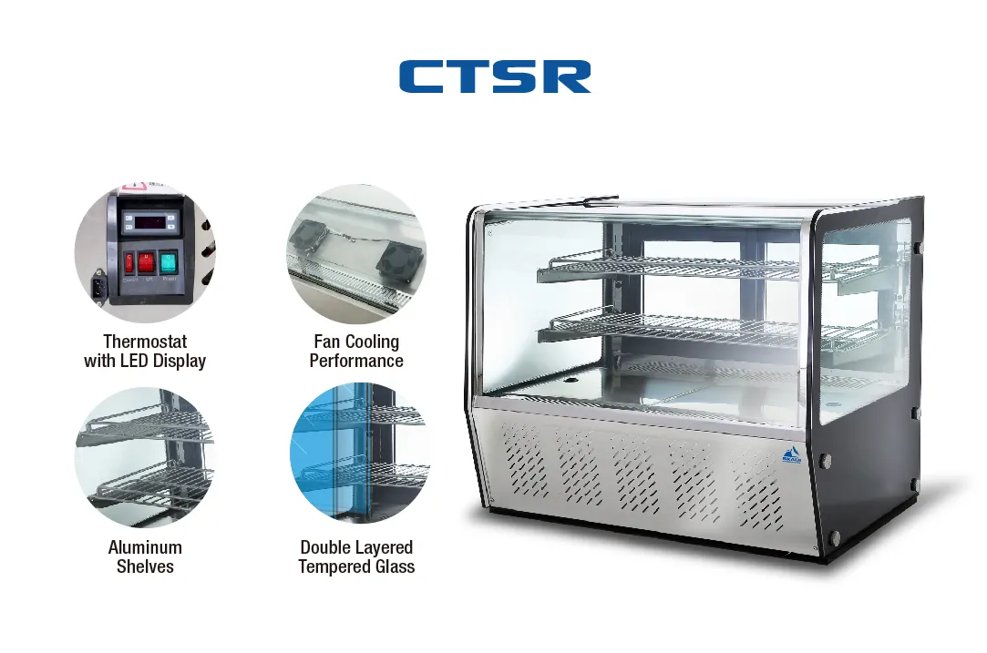 Promotional image for Compact Countertop Commercial Cake Display Cabinet | CTSR, highlighting key features: thermostat with LED display, fan cooling performance, aluminum shelves, and double-layered tempered glass.