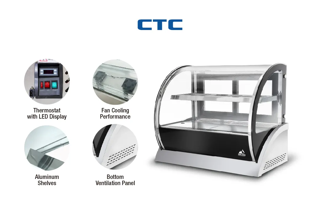 A comprehensive visual of the [Curved Glass Countertop Cake Showcase | CTC], highlighting key features such as a thermostat with LED display, fan cooling performance, aluminum shelves, and a bottom ventilation panel for optimal functionality.