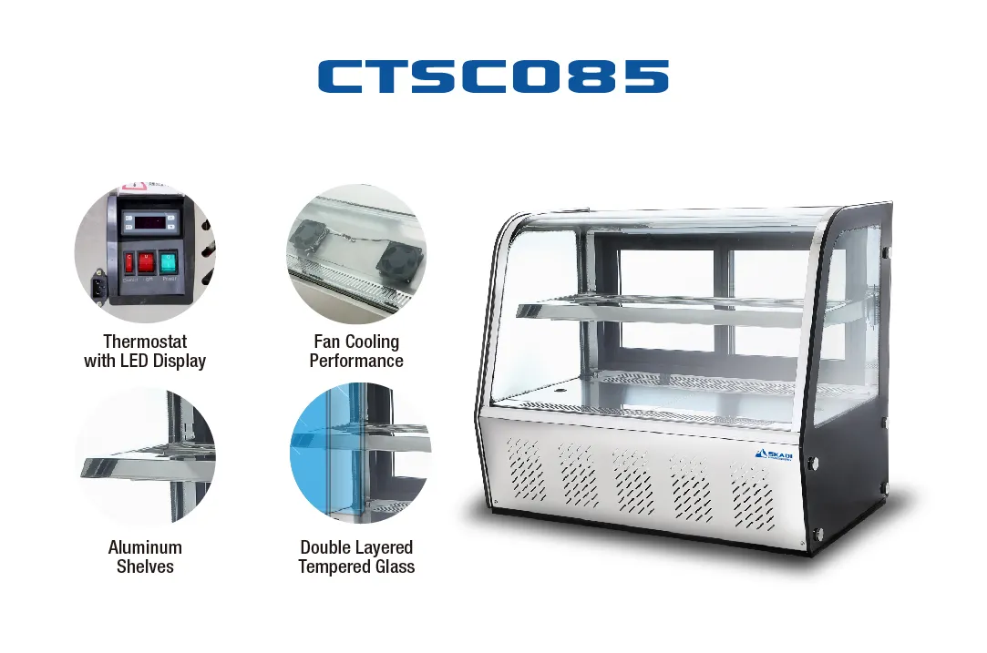 A promotional image of the [Panoramic Countertop Cake Display Showcase | CTSC085], featuring close-up highlights of key features such as a thermostat with LED display, fan cooling performance, aluminum shelves, and double-layered tempered glass.