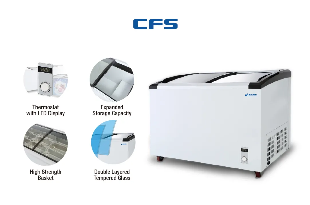 A High-Performance Freezer Display Unit | CFS showing its key features, including a thermostat with LED display, expanded storage capacity, high strength basket, and double-layered tempered glass.