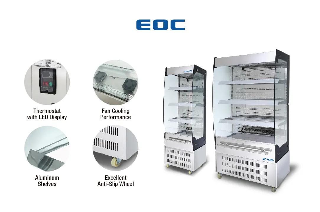 Display of the Advanced Open Chiller for Bulk Orders EOC alongside key features including thermostat with LED display, fan cooling performance, aluminum shelves, and anti-slip wheels for enhanced functionality and stability.