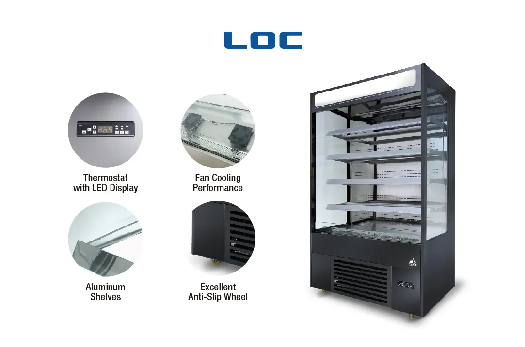 Image of the [High-Efficiency Open Chiller for Corporate Environments | LOC] alongside four circular insets showcasing key features: Thermostat with LED Display, Fan Cooling Performance, Aluminum Shelves, and Excellent Anti-Slip Wheel. This highlights the chiller’s functional design for corporate environments.