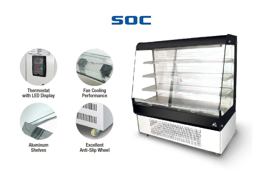 [Durable Open Chiller with Efficient Cooling | SOC] unit with close-up images of key features: thermostat with LED display, fan cooling system, aluminum shelves, and anti-slip wheels, showcasing the chiller's durable and functional design.