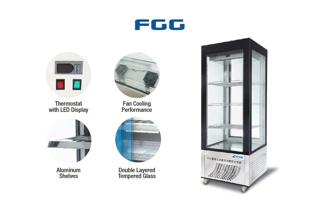 The Vertical Upright Chiller | FGG is displayed with close-up features highlighted, including a thermostat with LED display, fan cooling performance, aluminum shelves, and double-layered tempered glass for insulation. The chiller is positioned next to labeled detail images of its components for easy identification.