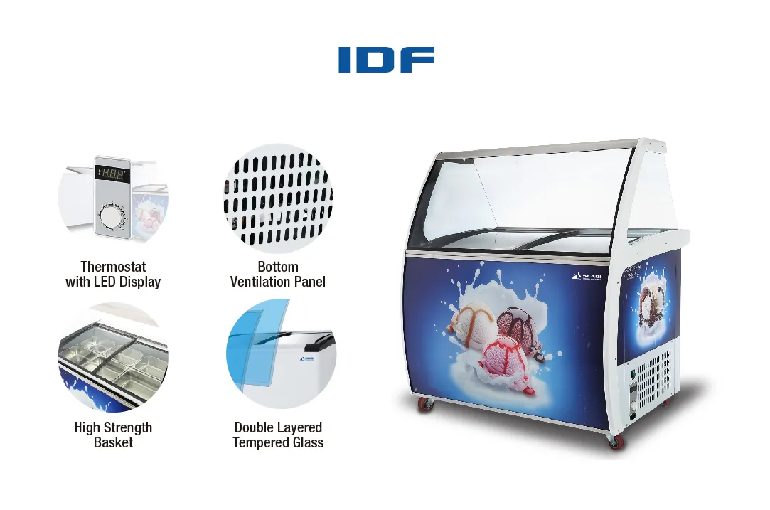 Curved Glass Ice Cream Freezer Display Unit | IDF, showcasing its key features such as thermostat with LED display, bottom ventilation panel, high strength basket, and double layered tempered glass, displayed alongside the IDF logo.