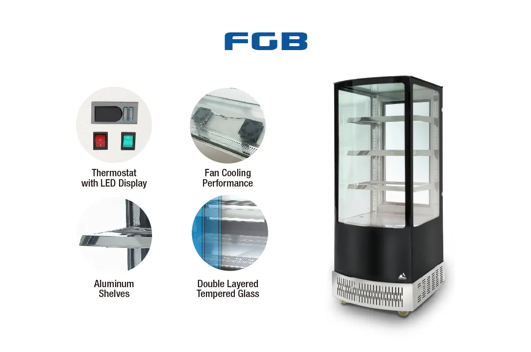 An FGB branded vertical upright chiller with aluminum shelves, double-layered tempered glass, a fan cooling system, and a thermostat with an LED display. Part of the Born for Bulk Orders | Vertical Upright Chiller | FGB series.