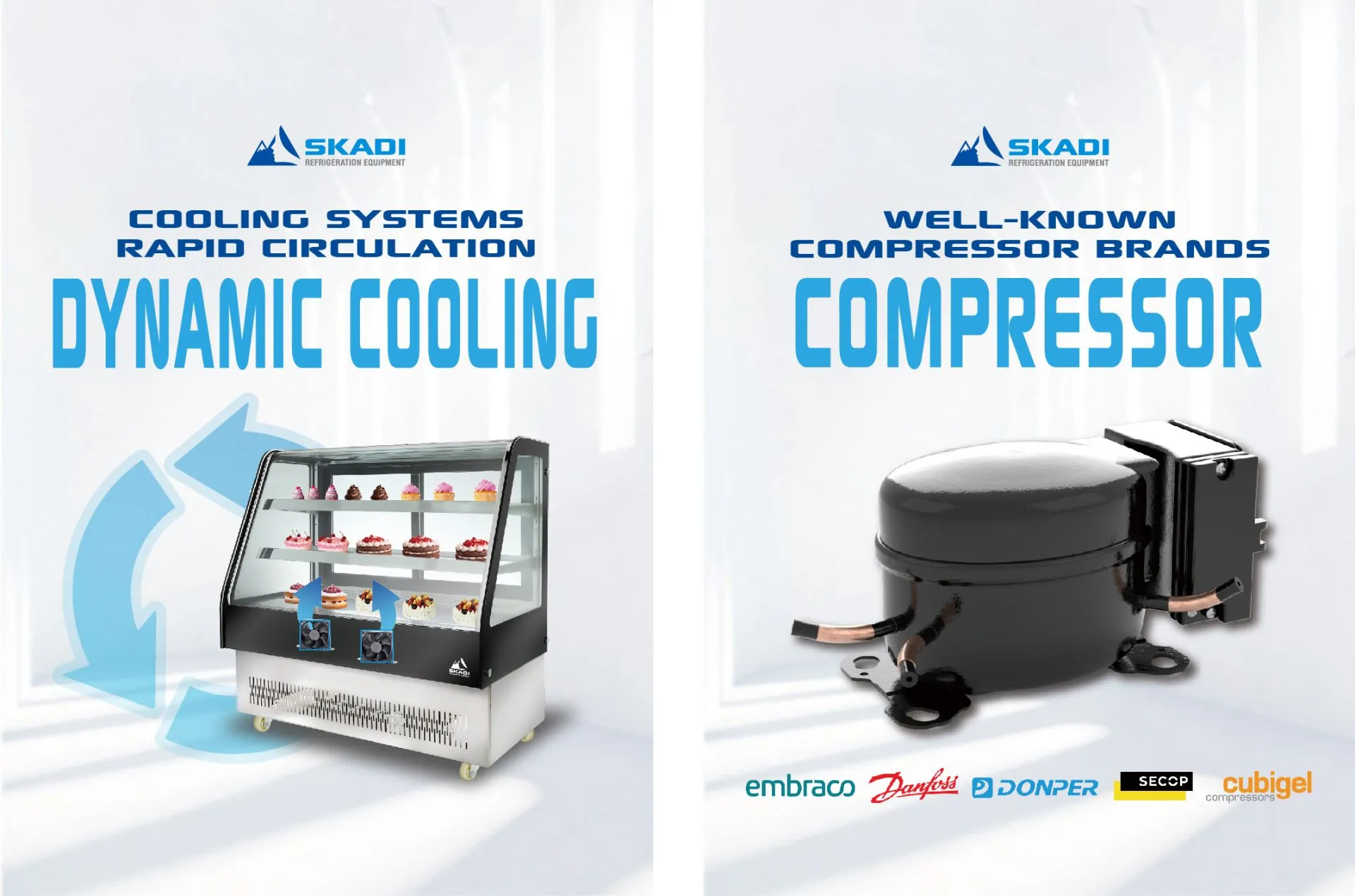 Split image promoting features of the Rectangular Commercial Cake Display Cabinet | ORD-D. On the left, the dynamic cooling system is highlighted with an illustration showing airflow around the cabinet displaying cakes. On the right, a well-known compressor brand is showcased, featuring logos of Embraco, Danfoss, Donper, Secop, and Cubigel.