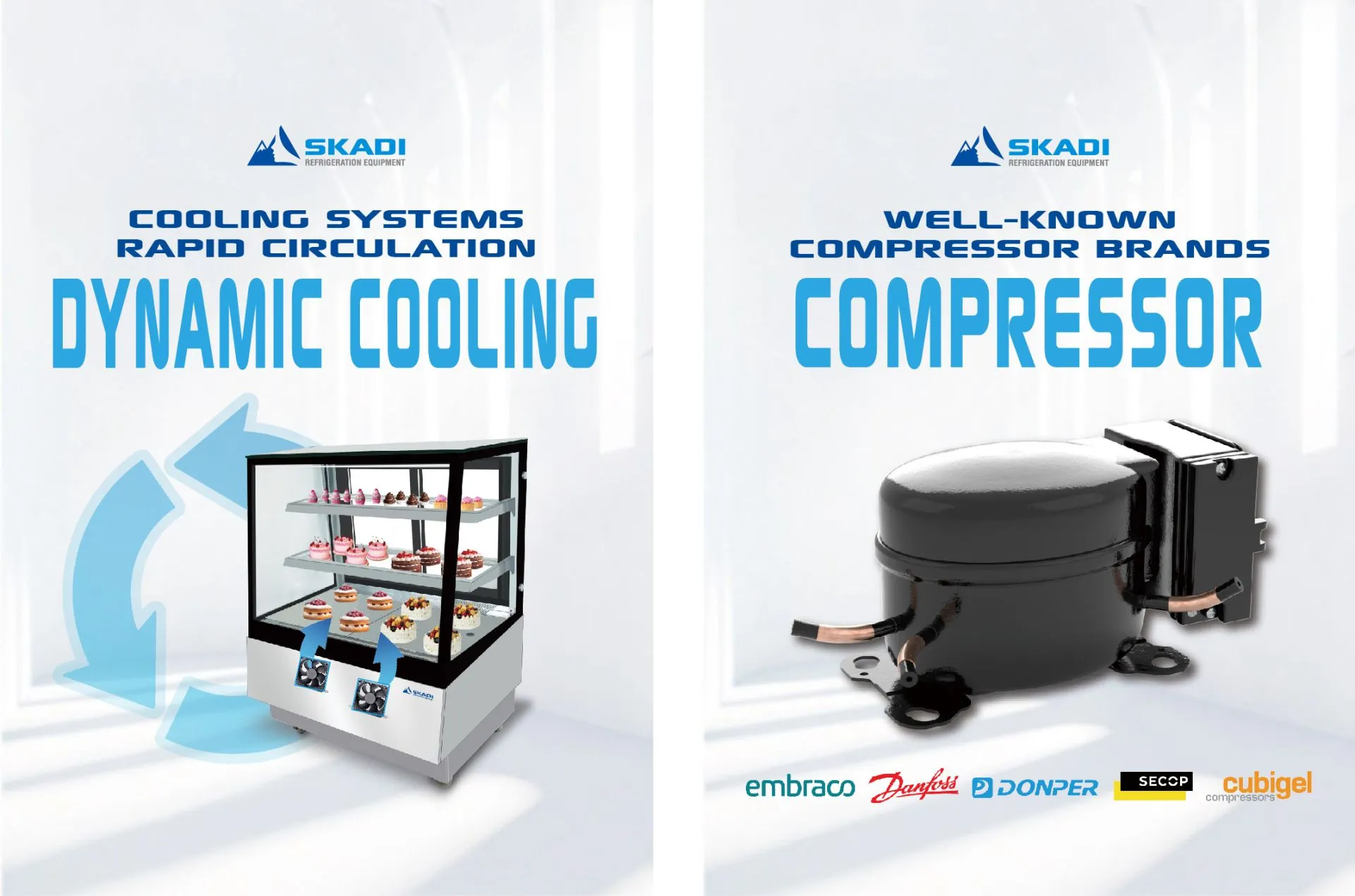 Promotional image showcasing the Compact Cake Display Showcase with Right-Angle Design | ORX-D, featuring dynamic cooling systems for rapid circulation, and highlighting the use of well-known compressor brands like Embraco, Donper, and Cubigel.