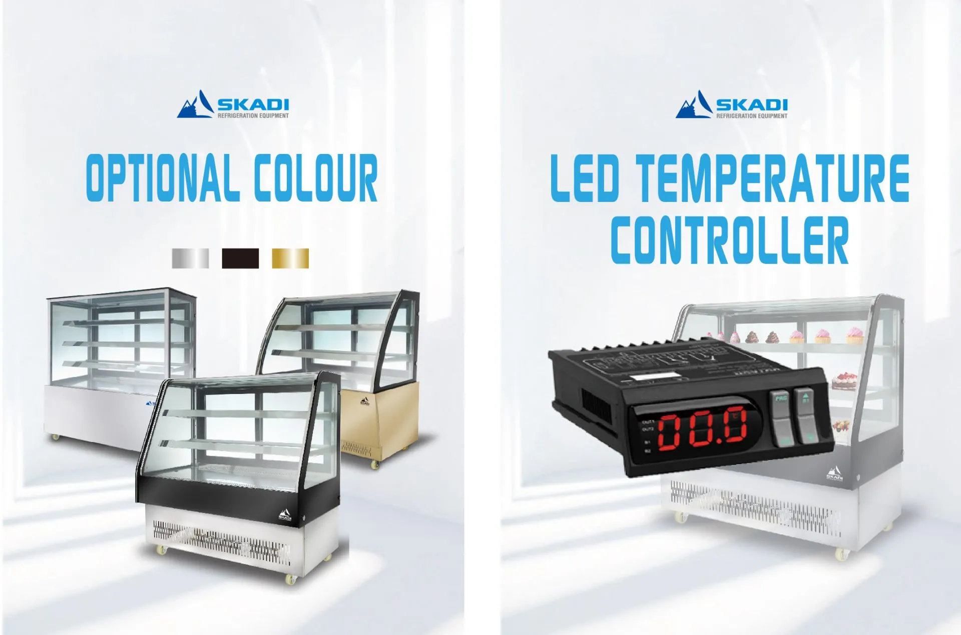 Image displaying three cake display cabinets in different colors (silver, black, and gold) with an LED temperature controller featuring a digital display. The Skadi Refrigeration Equipment logo is visible with the text "Optional Colour" and "LED Temperature Controller", showcasing the color customization and advanced temperature control features for the Rectangular Commercial Cake Display Cabinet | ORD-D.