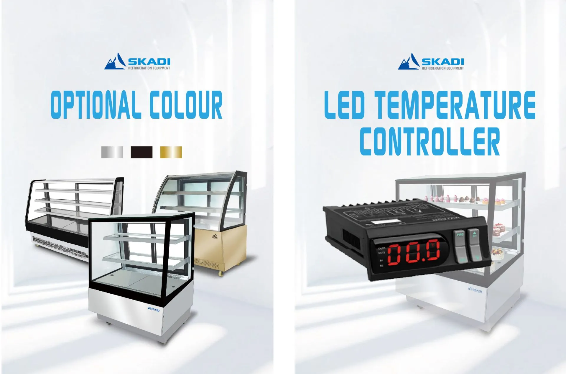 A variety of Compact Cake Display Showcases with Right-Angle Design | ORX-D in different colors including stainless steel, black, and gold, along with a close-up of the LED temperature controller used for precise cooling.