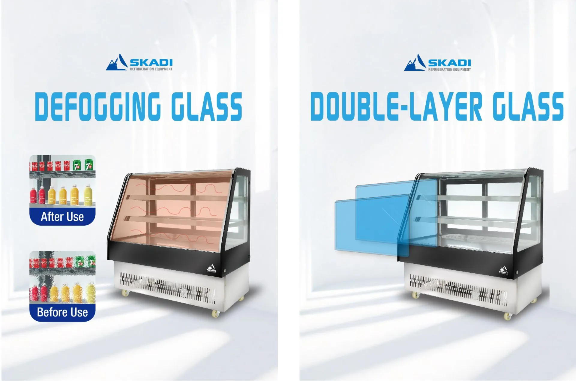 Image showing a refrigerated display cabinet with defogging glass, displaying a before and after comparison, alongside a cabinet with double-layered glass. The Skadi Refrigeration Equipment logo is visible with the text "Defogging Glass" and "Double-Layer Glass", highlighting the defogging and insulation benefits of the Rectangular Commercial Cake Display Cabinet | ORD-D.