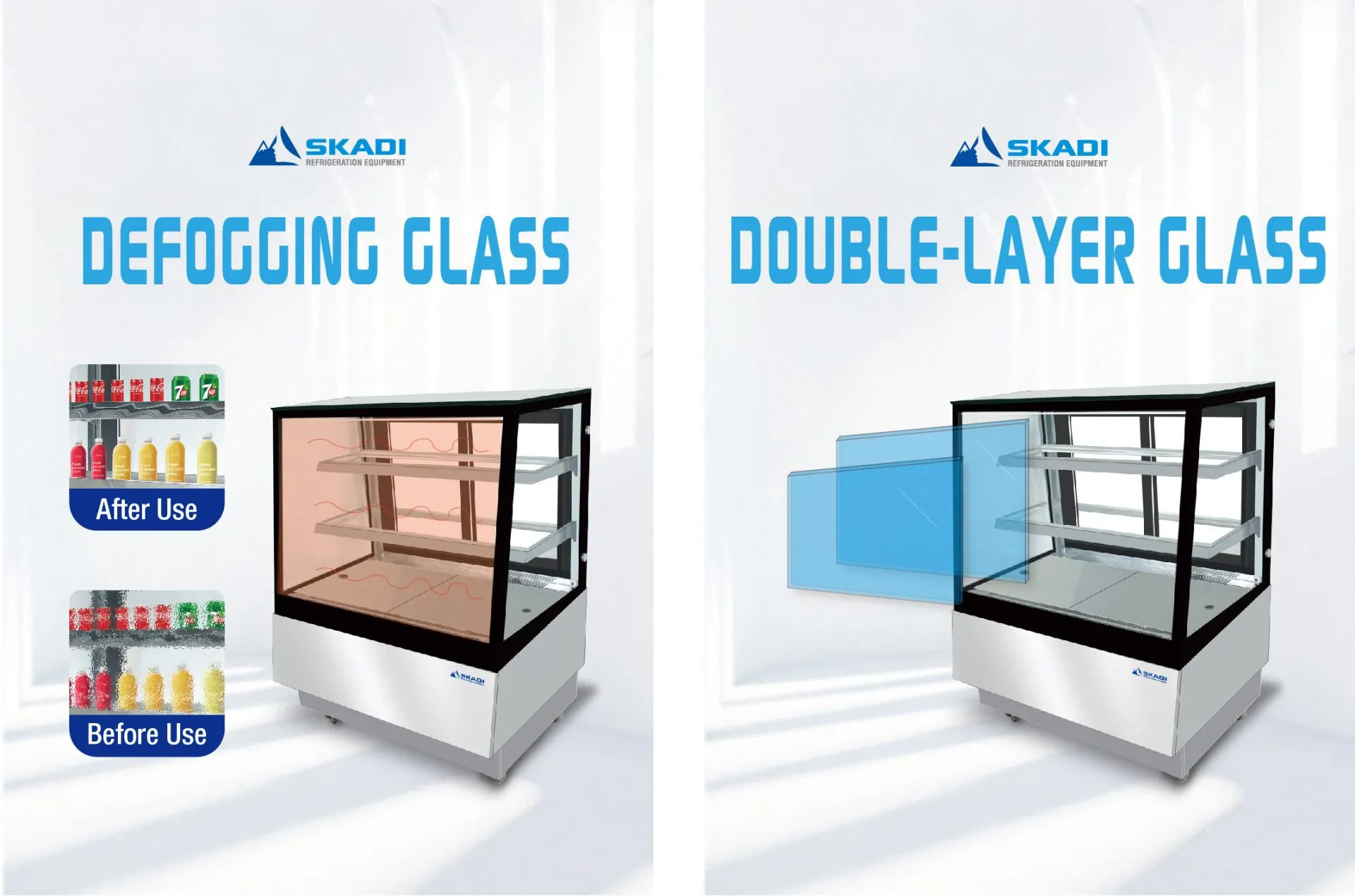 Image highlighting the defogging glass feature on the Compact Cake Display Showcase with Right-Angle Design | ORX-D, showing before and after effects of the defogging technology, as well as the use of double-layered tempered glass for added insulation.