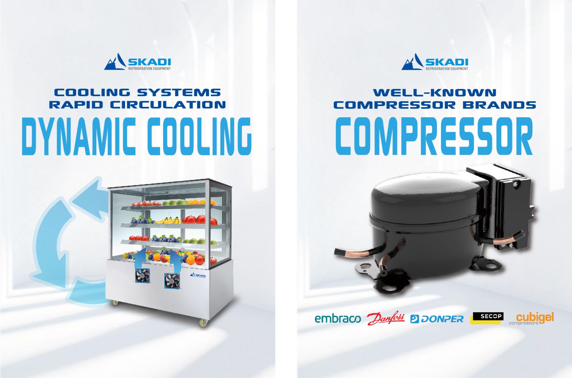 SKADI refrigeration equipment's commercial cake display case with dynamic cooling technology. Transparent glass display showcases fruits, desserts, and cakes on multiple shelves, supported by rapid air circulation for even cooling.Close-up of a high-efficiency refrigeration compressor from SKADI, highlighting its partnerships with brands like Embraco, Danfoss, Donper, SECCP, and Cubigel.