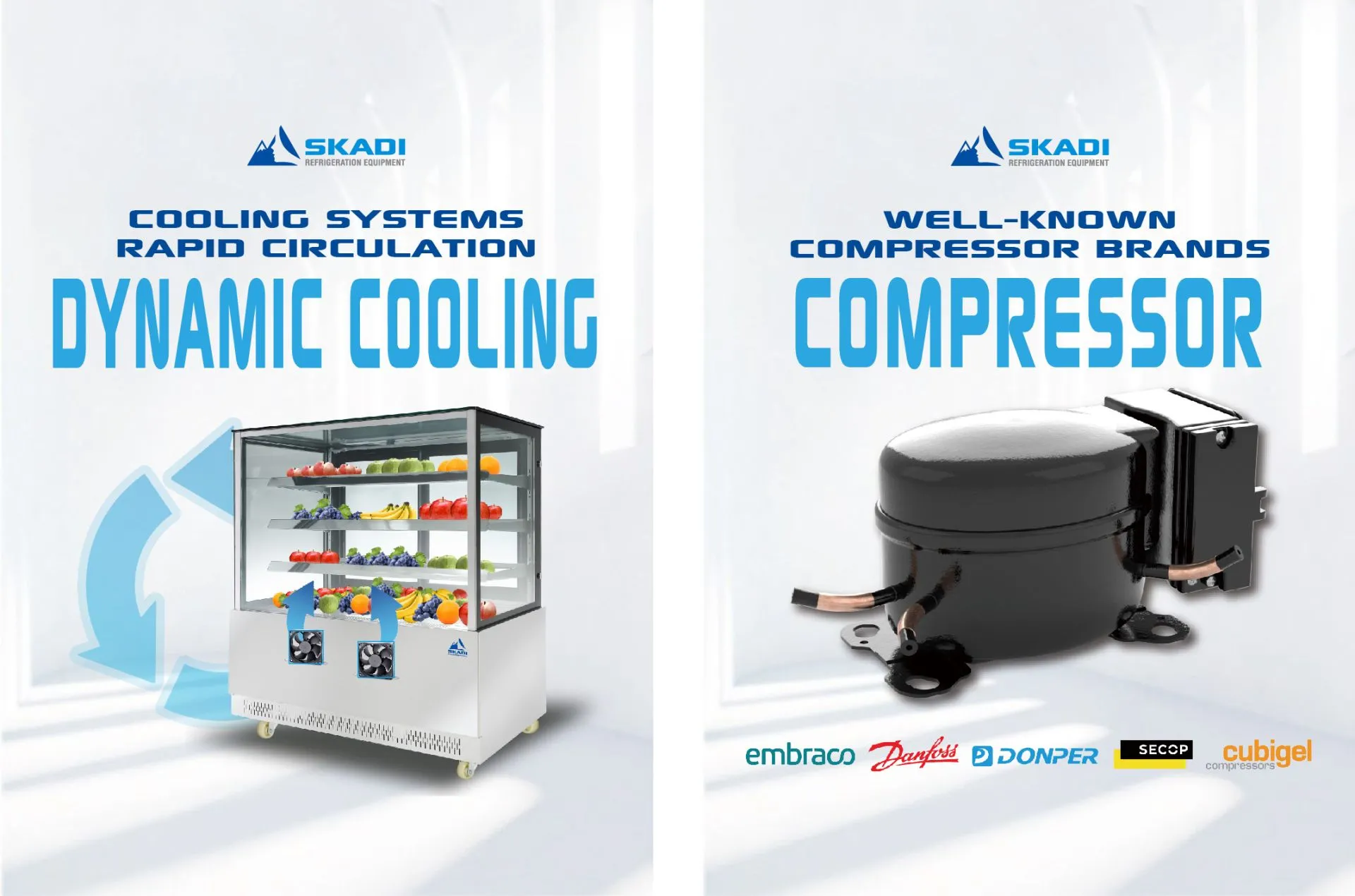 Image of a refrigerated display case filled with fresh produce, featuring the text "Dynamic Cooling" and "Cooling Systems Rapid Circulation." On the right, there is a close-up of a black compressor with the text "Compressor" and "Well-Known Compressor Brands," highlighting brands such as Embraco, Danfoss, Donper, Secop, and Cubigel. Both emphasize SKADI's cooling systems and reliable compressors for the [Transparent Glass Cake Display Showcase | PNR-T].